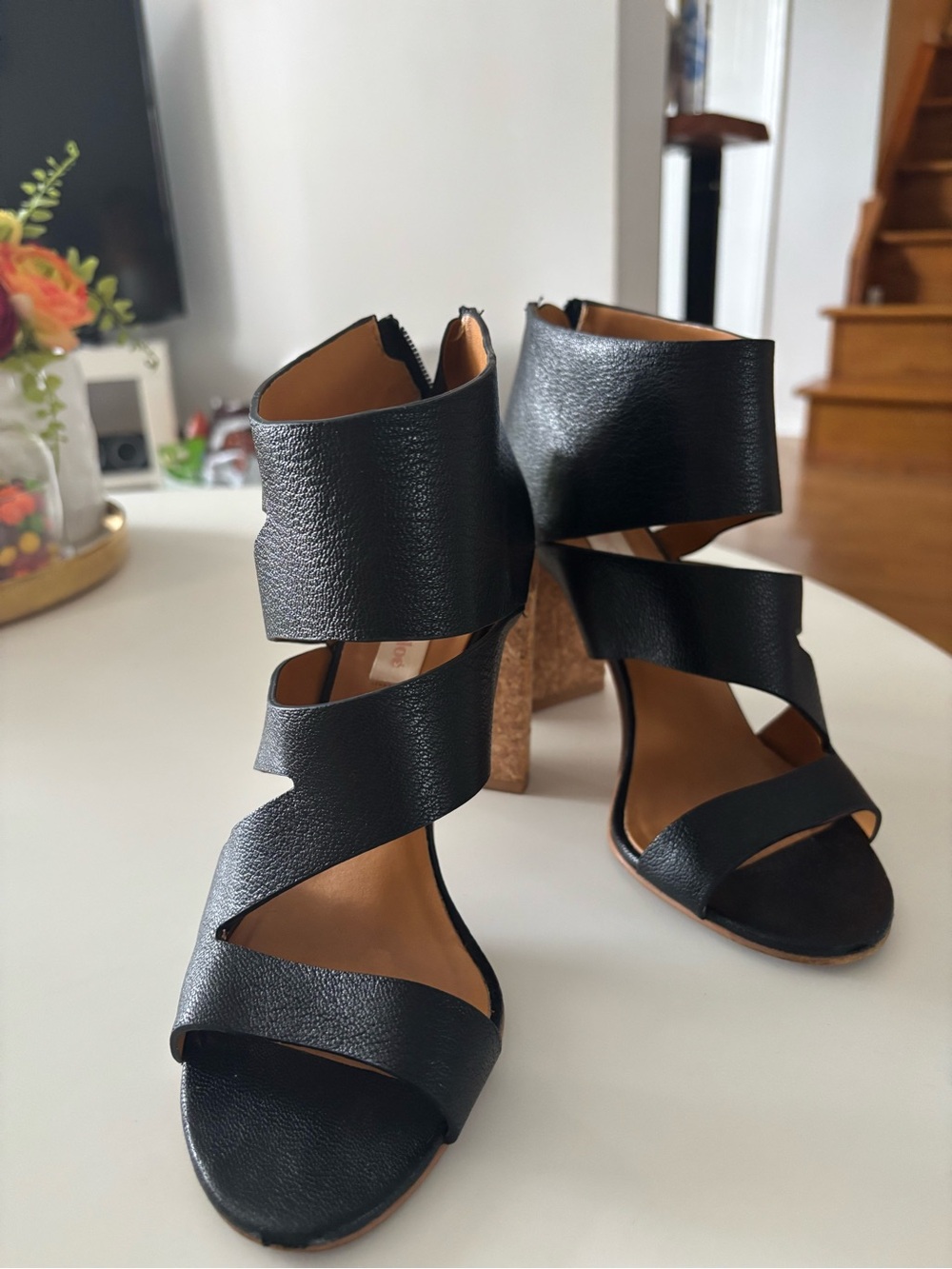 See By Chloe Black Leather Cork Block Heel Sandals
